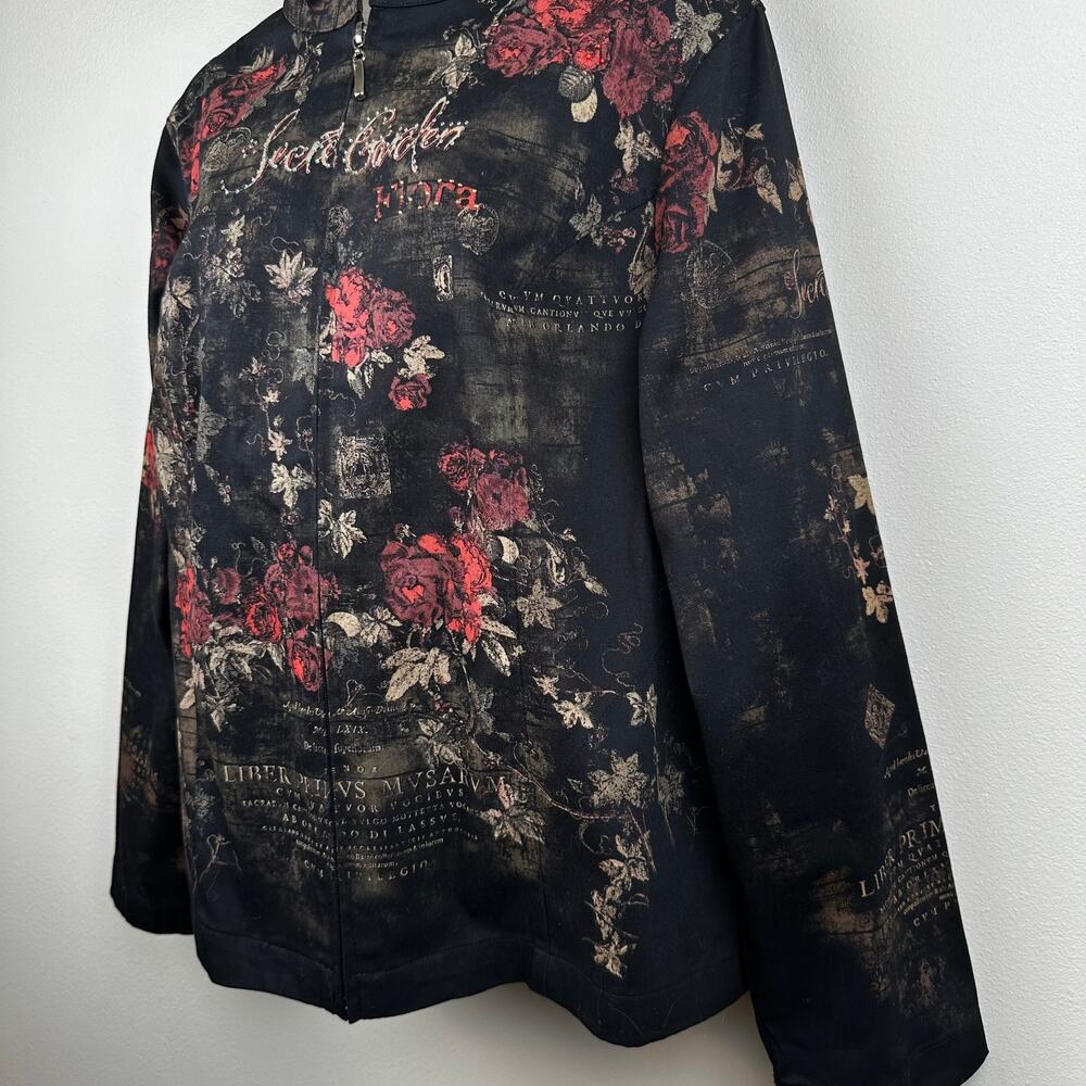 VTG Cactus Jacket Blazer Full Zip Secret Garden Floral Rinestones Black L Artsy - Picture 5 of 13
